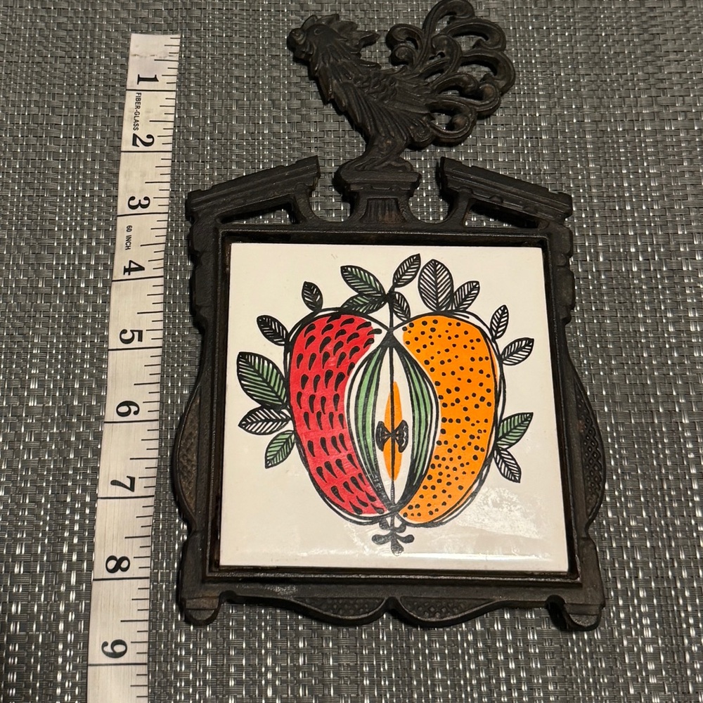 Vintage Style Fruit Tile Trivet with Iron Rooster Accent